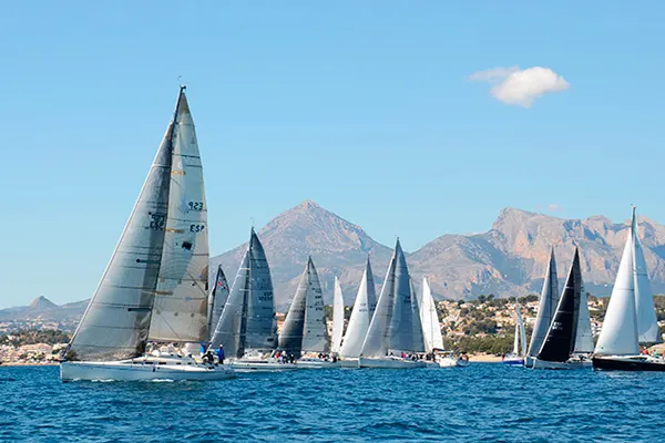 Flota de veleros en línea de salida durante una regata en Altea